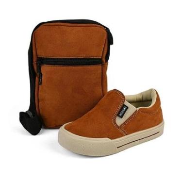 Imagem de Kit Tênis Esportivo Slip On Infantil Menino Com Bolsa Iate Calce Fácil Caramelo Gatatuy...