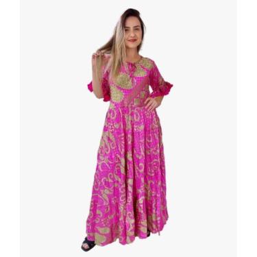Imagem de Vestido Longo Indiano Estampado Manga 3/4 Toque De Seda-cod.004 - Alec
