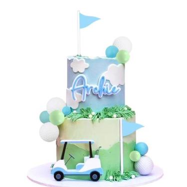 Imagem de Topo de bolo de golfe COYELINL em acrílico azul com carrinho, bandeira