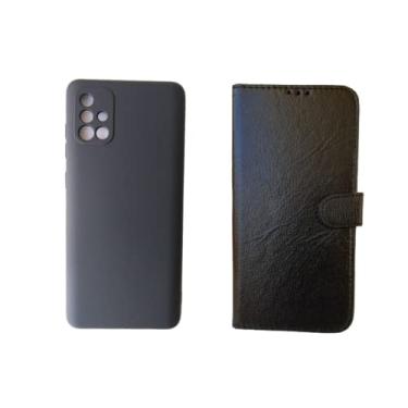 Imagem de Kit Capa Capinha Aveludada Silicone + Capa Carteira Flip Para Samsung Galaxy A71 Tela 6.7" cor Preto