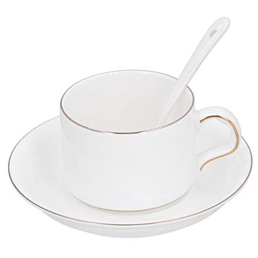Imagem de Conjunto de pires de xícara de café com leite, 4 conjuntos de xícaras de café de china de osso alto com pires colheres de preservação de calor lavável na máquina para beber cappuccino café com leite café presente comercial