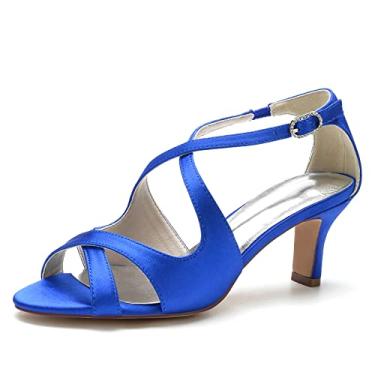 Imagem de Sandálias femininas de cetim com bico aberto e salto gatinha confortáveis sapatos de festa de casamento vestido de noiva trabalho, Azul (blue), 7