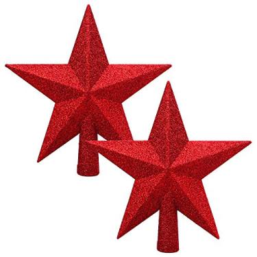 Imagem de Aneco 2 Pacotes com árvore de Natal com glitter Topper Star Treetop para decoração de árvore de Natal ou decoração de casa, plástico rígido, 2 tamanhos, Vermelho, 4 inches