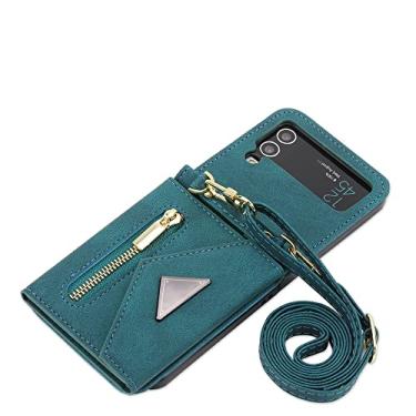 Imagem de Estojo tipo carteira tiracolo com compartimento para cartão para Samsung Flip4 5G Bolsa Alça com cordão Capa traseira de couro, verde, para Galaxy Z Flip4 5G