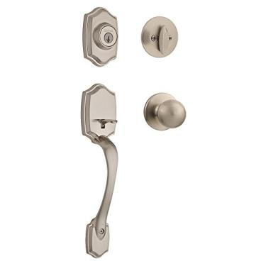 Imagem de Kwikset Belleview Conjunto de maçaneta e fechadura de porta frontal, maçaneta de entrada exterior com maçaneta interna, níquel acetinado, fechadura de segurança SmartKey Rekey resistente a picaretas