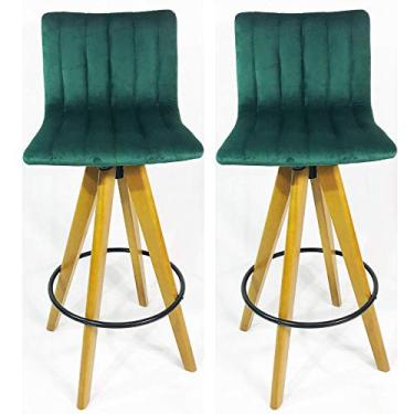 Imagem de Kit 2 Banquetas Decorativa Angélica Veludo Verde Base Giratória Madeira - Poltronas do Sul