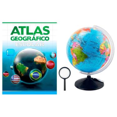 Imagem de Kit Globo Terrestre Profissional Continental 30cm + Lupa +  Livro Atlas Escolar Com Divisão De Países Base Em Plástico