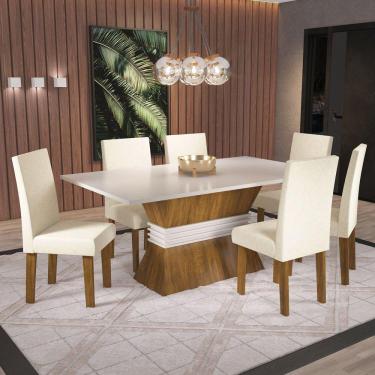 Imagem de Conjunto Sala de Jantar Salton 1 Mesa 160cm com 6 Cadeiras Vênus Viero Móveis Pinho/Off White/Blonde/Bege