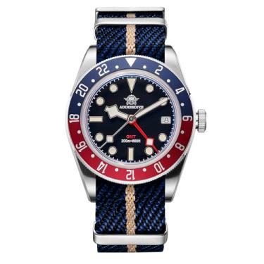 Imagem de ADDIESDIVE Relógio masculino GMT de quartzo masculino 200 m à prova d'água com calendário de fuso horário duplo, nylon preto e azul, Moderno