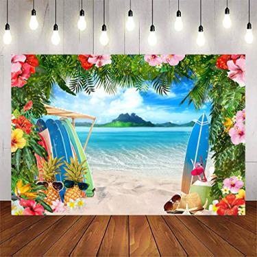 Imagem de Avezano Pano de fundo de praia havaiana de verão para fotografia 2,1 x 1,5 m flor tropical Aloha pano de fundo céu azul oceano folhas de palmeira decoração de festa de aniversário prancha de surf chá