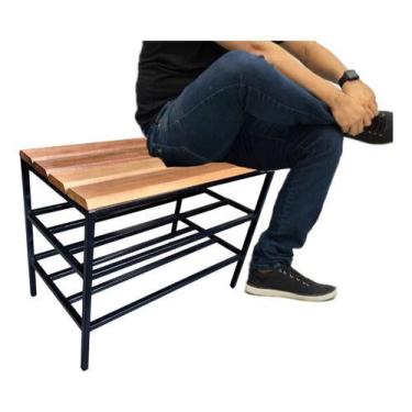 Imagem de Sapateira Banco Hall Entrada Aço Industrial c/ Tampo 100% Madeira Ripa