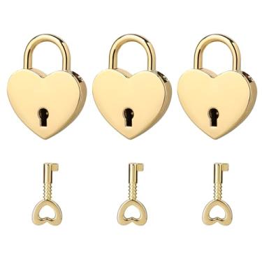 Imagem de Pacote com 3 mini cadeado em forma de coração com chave, cadeado de coração para notebook, pequeno cadeado de metal dourado para colar, livro de diário, caixa de joias, caixa de armazenamento
