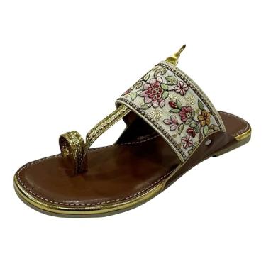 Imagem de Shoe Bazar Sandálias rasteiras femininas casuais Mojaris étnicas Kolapuri Pantufas, Creme multi, 38