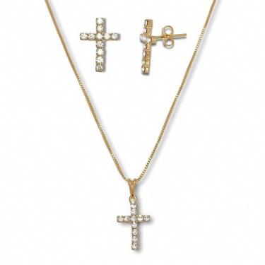 Imagem de Conjunto Colar e Brinco Cruz Cravejada de Zirconias Banhada a Ouro Sem