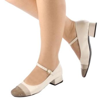 Imagem de Sapato Feminino Boneca Branco Off Verniz Aveia e Taupe Salto Baixo 124