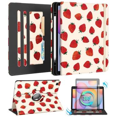 Imagem de Kidcube Capa para Samsung Galaxy Tab S6 Lite de 10,4 polegadas 2024/2022/2020 - Capa fólio feminina com suporte giratório e compartimento para cartão Capa feminina bonita com design de morango para