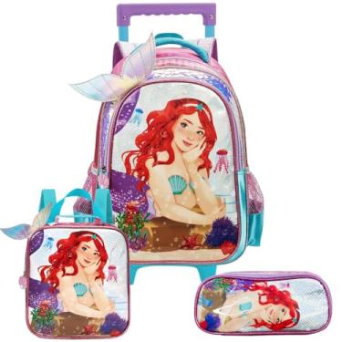 Imagem de Kit Escolar Mochila De Rodinhas Lancheira Estojo Sereia 3D
