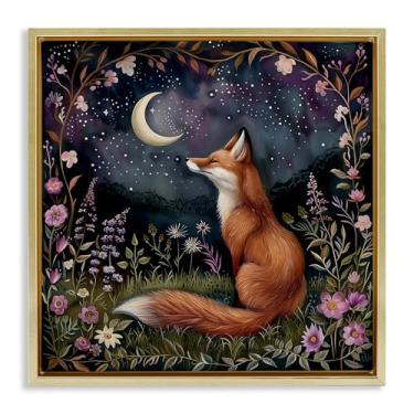 Imagem de Stupell Industries Woodland Fox Night Forest Framed Floater Canvas Wall Art Design by The Dutch Lady, moldura flutuante dourada, 63 x 63 cm