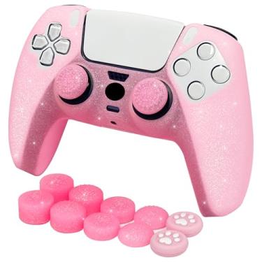 Imagem de HLRAO Capa protetora de silicone antiderrapante com glitter rosa compatível com controle PS5/Slim/Pro, 8 peças de tampas de polegar com glitter e 2 tampas (rosa brilhante)