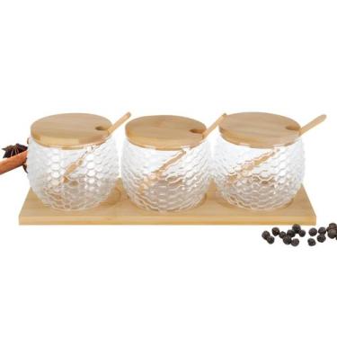 Imagem de Meleira Mel Pote Vidro Tampa Colher 3pçs Açucareiro Bambu - Dolce Home