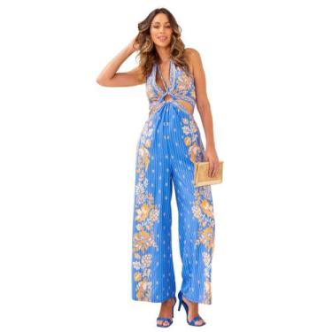 Imagem de Macacão feminino gola halter decote profundo estampa tropical - Sml Fa