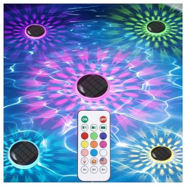 Imagem de Luzes de piscina flutuantes solares energéticas, luzes de LED à prova d'água IP67 com controle remoto, iluminação decorativa com mudança de cor RGBW para lago, banheira, crepúsculo ao amanhecer