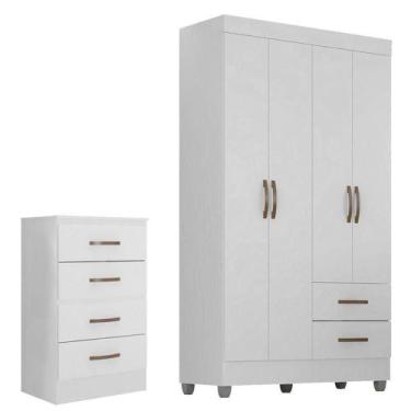 Imagem de Kit Guarda-roupa Solteiro 4 Portas E Cômoda 4 Gavetas Lisa Branco - MÓ