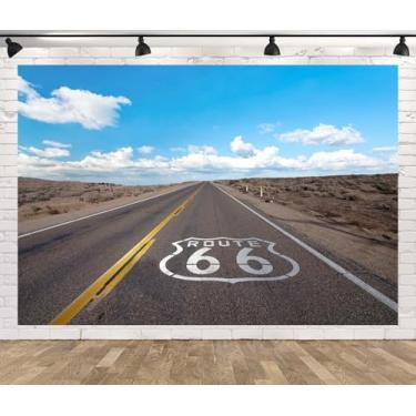 Imagem de Loccor 2 x 1,5 m Tecido Rota 66 Pano de fundo Wild West Califórnia Mojave Desert Highway Route 66 placa de fundo cenário de estrada cenários para viagens de estrada, decorações de festa, adereços de