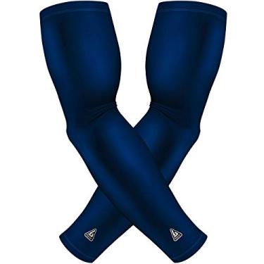 Imagem de Mangas de braço para homens, mulheres, meninos, meninas. Selecione "Modelo Pro-Fit" em mais de 40 designs HD. Mangas de braço de qualidade para cobrir os braços para proteção UV, compressão esportiva, fadiga muscular, e mais., Navy Solid, 4) Adult LG " 1 Pair"