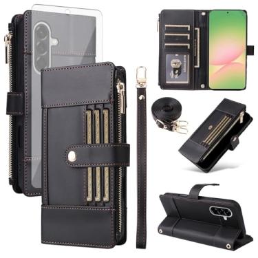 Imagem de Asuwish Capa de celular para Samsung Galaxy A56 5G carteira celular com protetor de tela de vidro temperado bloqueio RFID alça transversal alça flip zíper suporte para cartão de crédito A 56 56A LTE