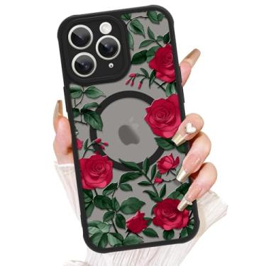 Imagem de AIGOMARA Capa para iPhone 11 Pro Max, compatível com MagSafe, linda estampa de flor rosa com capa de telefone fosca semitransparente para mulher Gilrs TPU macio e PC capa protetora traseira fina