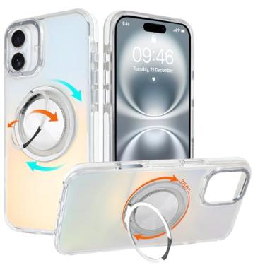 Imagem de WPCase Capa iridescente para iPhone 16 com suporte [compatível com MagSafe], capa resistente de grau militar com suporte magnético giratório 360 para mulheres e homens, branco holográfico