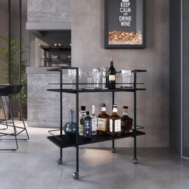 Imagem de Bar Móvel Carrinho Organizador Rodinhas Mel Preto Industrial - LaCasaM