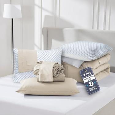 Imagem de Nestl Conjunto de edredom queen de 9 peças – Cama reversível bege em uma bolsa – Conjunto completo de cama queen size com lençóis, travesseiros refrescantes, fronhas e fronhas