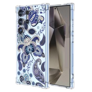 Imagem de JDYGWK Capa para Samsung S24 Ultra Galaxy S24 Ultra com estampa floral transparente, silicone TPU macio, fina, à prova de choque, capa protetora antiarranhões para Samsung Galaxy S24 Ultra, azul