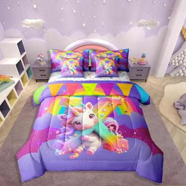 Imagem de Erosebridal Jogo de cama de solteiro engraçado de unicórnio, 7 peças, monograma, letra X, desenho animado de unicórnio, animais mágicos, céu estrelado com edredom