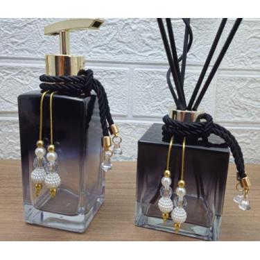 Imagem de Kit Lavabo Jogo Banheiro Luxo Difusor Porta Sabonete Líquido Bandeja Decorativa Conjunto Pia Dispenser Aromatizador Organizadores Decoração Banheiro - Luiggi Presentes® (Preto e Rosê Gold)