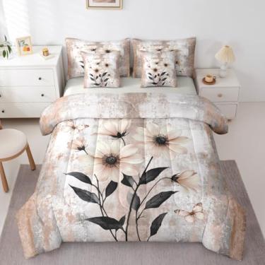 Imagem de Erosebridal Conjunto de edredom solteiro com estampa abstrata de flores de margaridas em aquarela com 7 peças, conjunto de cama rústica de fazenda em um saco, ombré, bege, marrom, cinza, branco