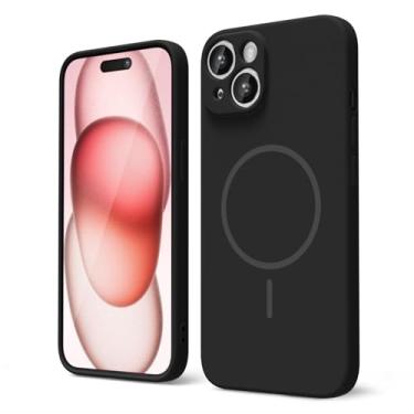 Imagem de oakxco Capa de silicone para iPhone 15, capa magnética fina e fina compatível com Magsafe, mulheres meninas bonito feminino estética macia borracha gel segurança com capa para câmera, preta