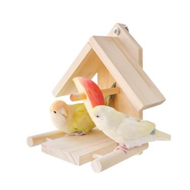 Imagem de Casa de pássaros de madeira com suporte de alimentador, brinquedo de alimentação de papagaio de frutas e vegetais, brinquedo de forrageamento de enriquecimento de periquito de madeira, alimentador de