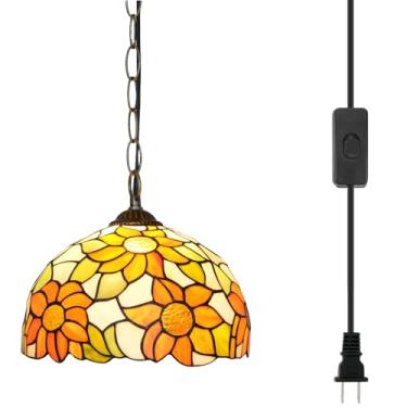 Imagem de Blivuself Tiffany Luminárias Pingente Girassol Amarelo Vitral Iluminação Pingente Estilo Vintage Lâmpada Pendurada para Decoração de Casa Cozinha Ilha Sala de Jantar Corredor Bar
