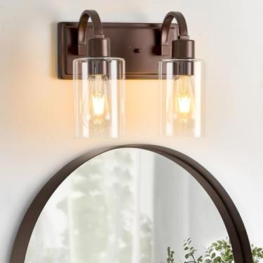 Imagem de Luzes de banheiro rústicas sobre o espelho, 2 luminárias de banheiro, arandelas de parede de bronze polido a óleo de fazenda com sombra de vidro transparente