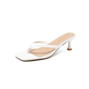 Imagem de Mindeeryy Sandálias tipo tanga salto gatinho bico quadrado chinelos sem cadarço para mulheres salto gatinho salto baixo 6 cm para o verão, Branco, 39