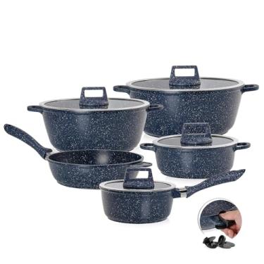 Imagem de MODA DO CHEF Jogo de Panelas Antiaderente com Tampa em Vidro 5 Peças Graniflon Azul com Frigideiras e Caçarolas Cozinha Moderna e Saudável