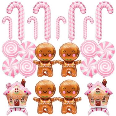 Imagem de FYSUIMU Conjunto de 22 peças de decoração de balões de Natal rosa doce de gengibre homem bengala pirulitos para ano novo tema doces decorações de festa de aniversário
