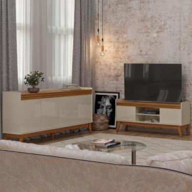 Imagem de Conjunto Sala de Estar Buffet 4 Portas e Rack para Tv até 50 Polegadas Ripado - ViaNossa