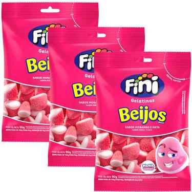 Imagem de 3 Packs de Balas de Gelatina Beijos Sabor Morango 90G - Fini