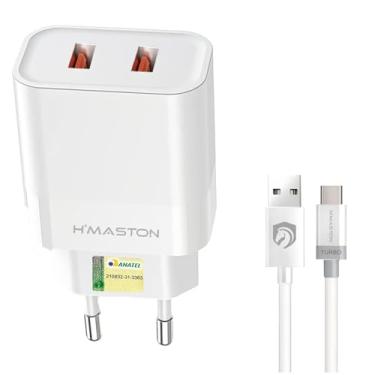 Imagem de H'MASTON Carregador 2 Portas Usb 5.1A Rápido Com Cabo 1 Metro Compatível Com Celular Android iPhone Samsung (BRANCO, Tipo-C)