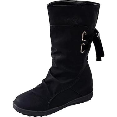 Imagem de Bota feminina de cano médio com cadarço e cano médio, bico redondo, moda retrô, couro PU, bota clássica de puxar, Preto, 6.5