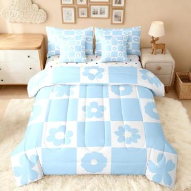 Imagem de Feelyou Conjunto de edredom xadrez azul e branco com 7 peças, lençol de casal com flores fofas em uma bolsa, para crianças, meninos, meninas, xadrez, azul, geométrico, decoração de quarto